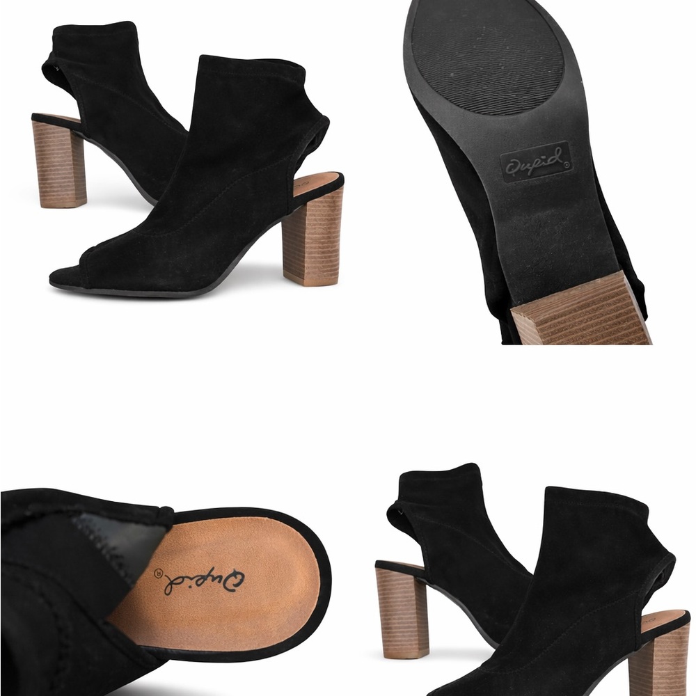 Qupid Black Peep-Toe Heeled Boots